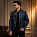Men's Royal Blue Studded Leather Jacket