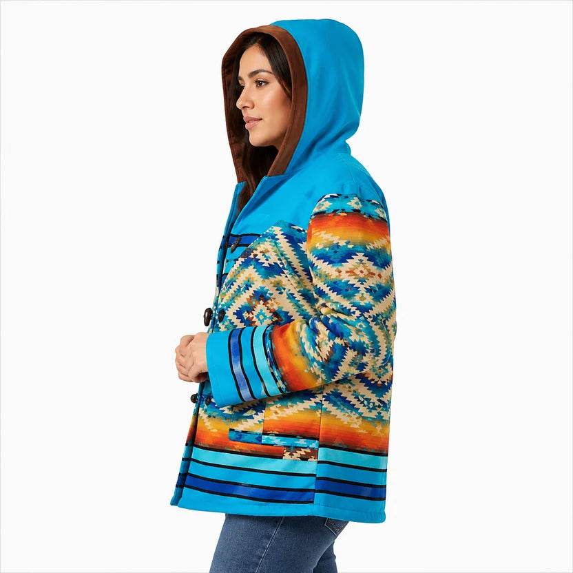 Women's Yellowstone Inspired Blue Orange Serape Geometric Zip Up Hooded Jacket