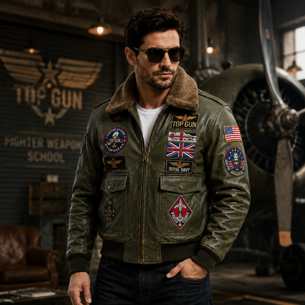 Men's Olive Green Top Gun G-1 Flight Leather Jacket