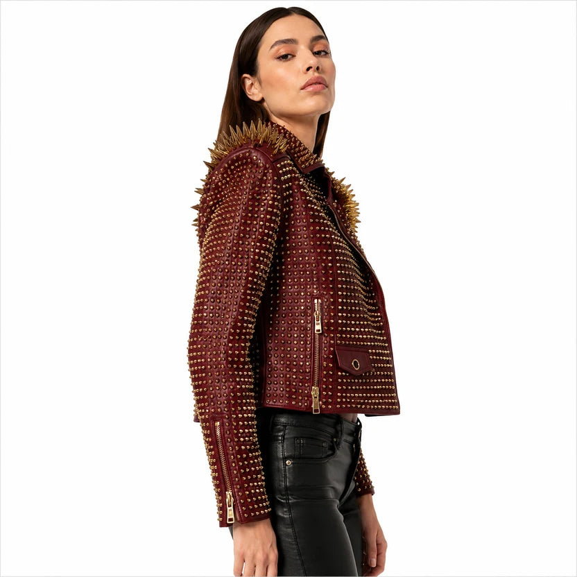 women's burgundy leather biker jacket