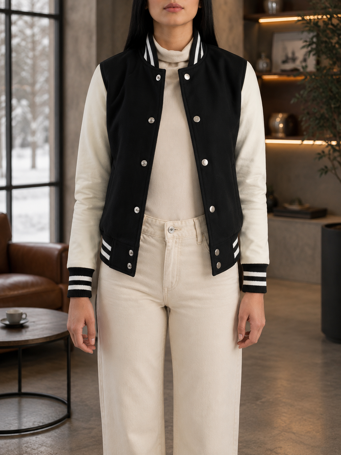 Women's Black & Cream Varsity Jacket