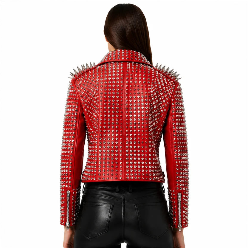 Women's red studded leather jacket
