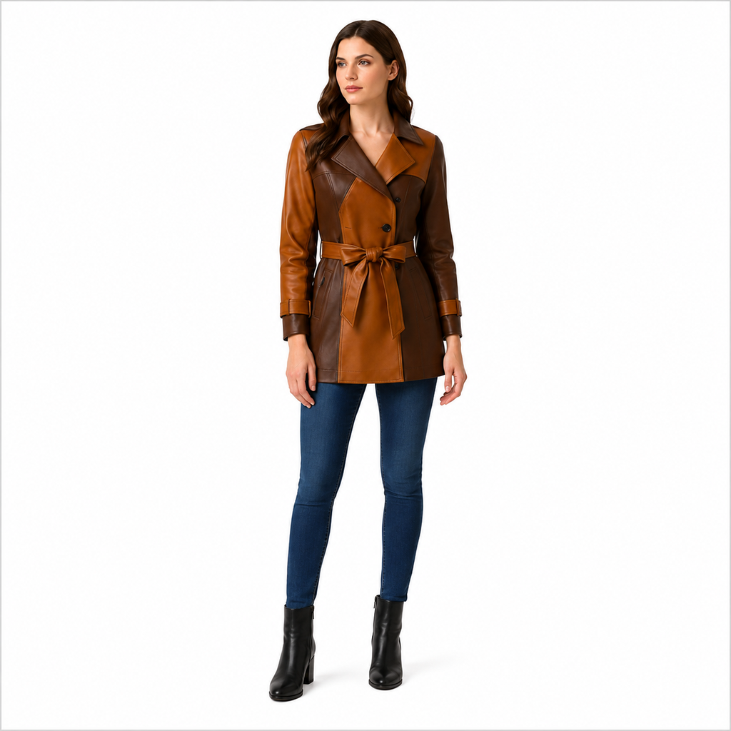 Women's Brown Tan Color Block Belted Genuine Leather Trench Coat 