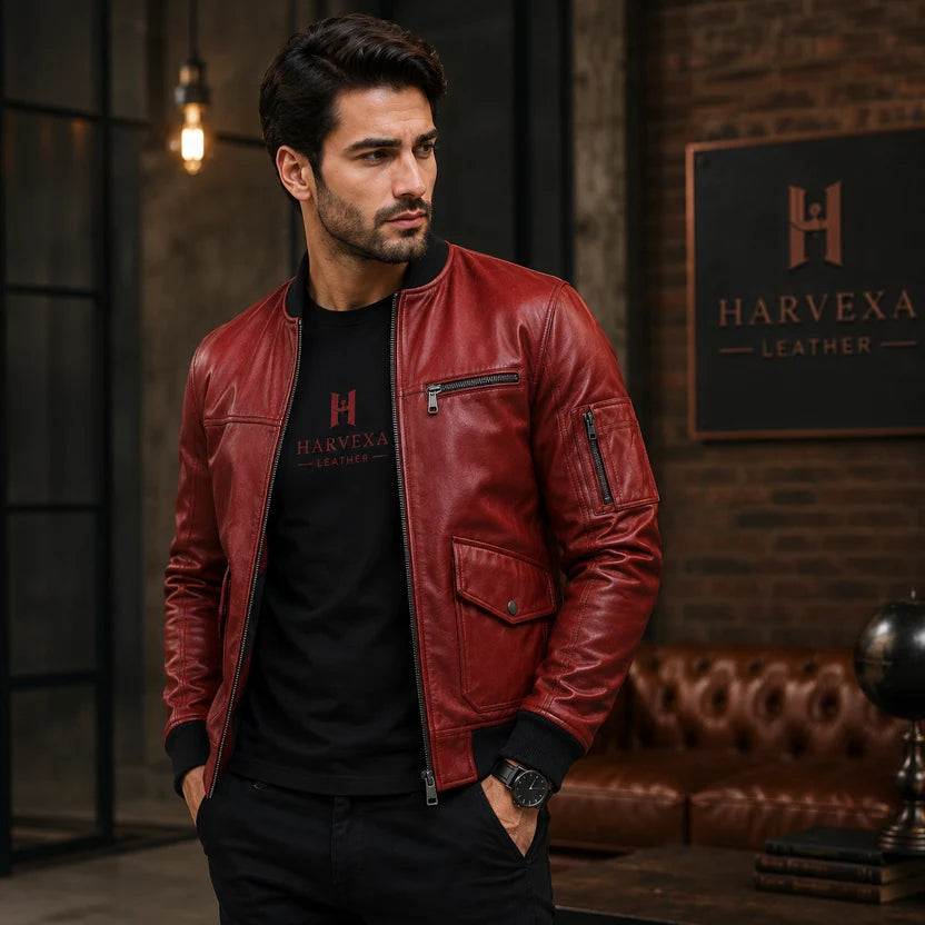 Men's Oxblood Red Genuine Leather Bomber Jacket