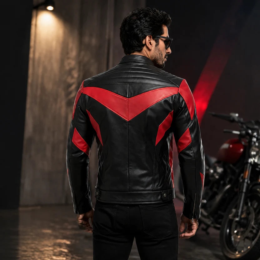 Men's Black and Red V-Panel Racer Leather Jacket