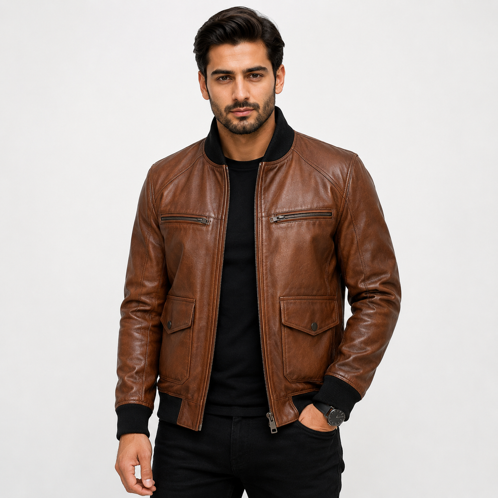 Men's brown leather flight bomber jacket