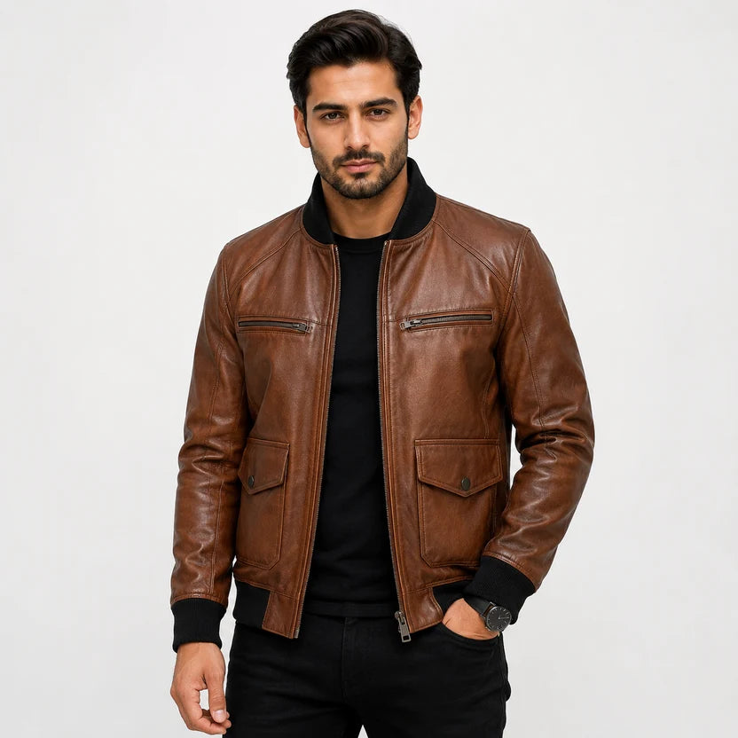 brown leather bomber jacket