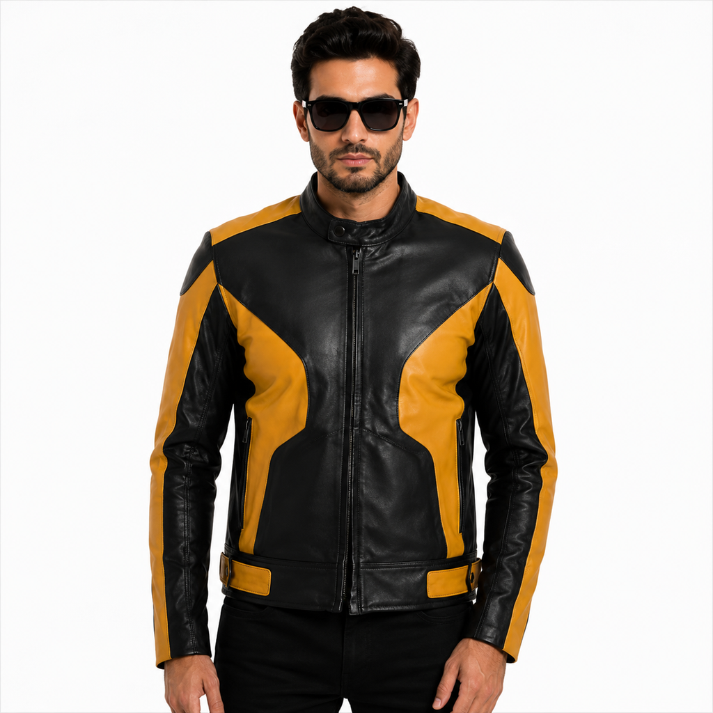 Men's Black & Yellow Genuine Leather Biker Jacket
