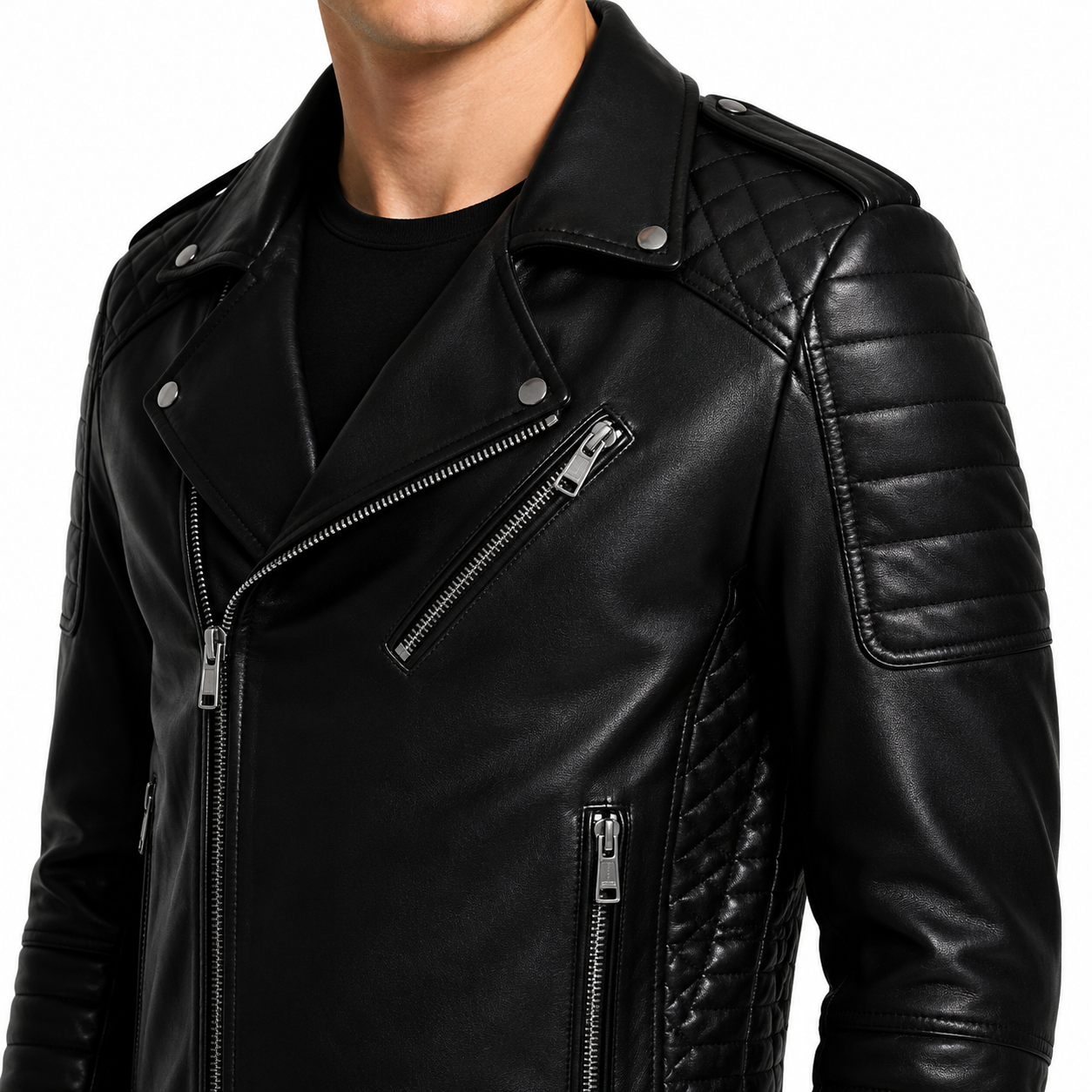 Black Genuine Leather Moto Jacket for Men with Quilted Shoulders