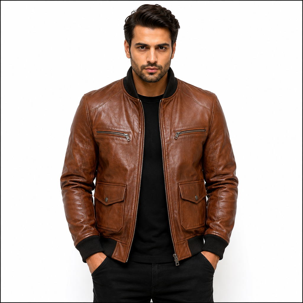 Men's brown leather flight bomber jacket