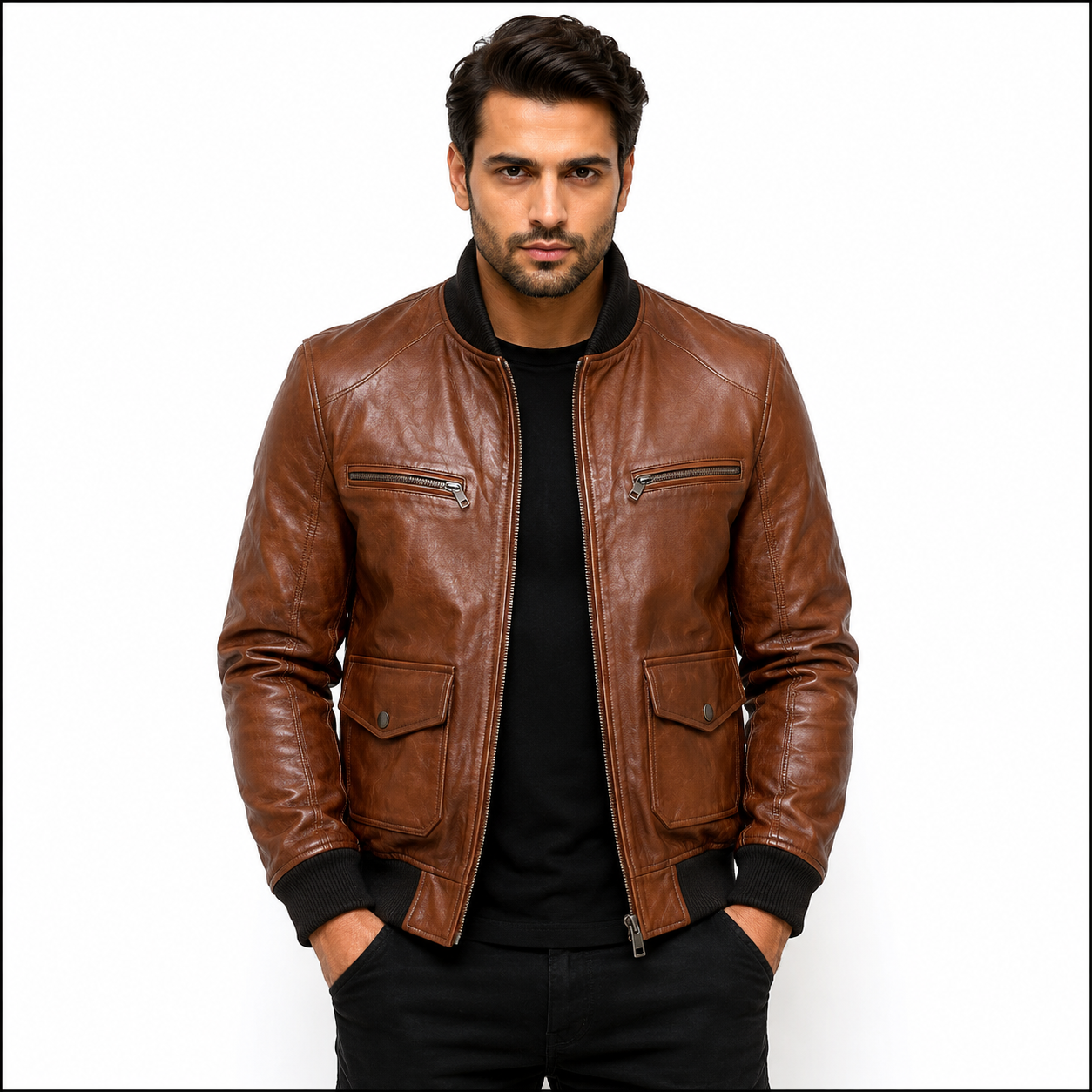 Men's brown leather flight bomber jacket