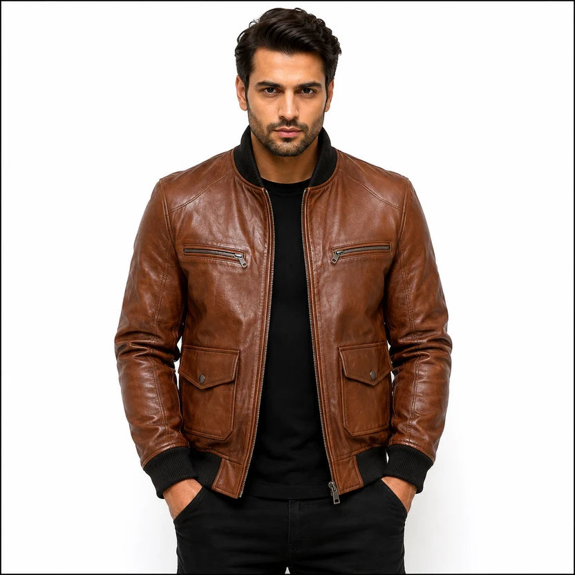 brown leather bomber jacket