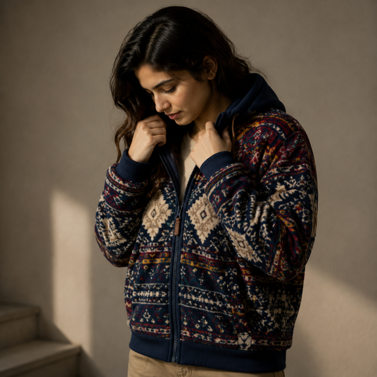 Navy Aztec Diamond Pattern Sherpa Fleece