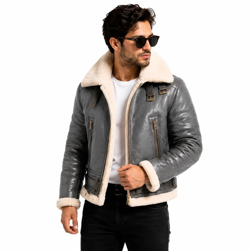 Men's Grey Leather Shearling Bomber Jacket