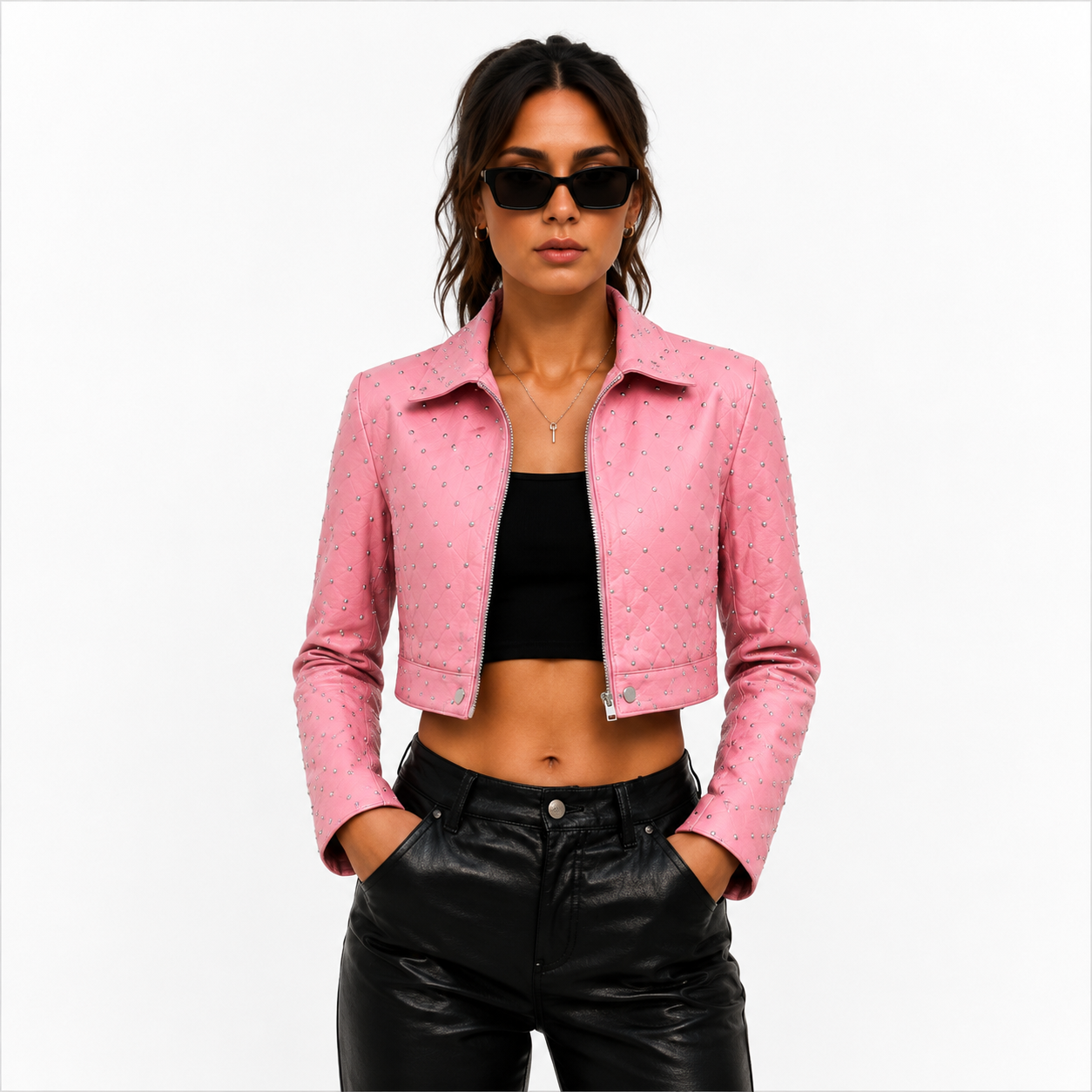 Pink Leather Cropped Jacket