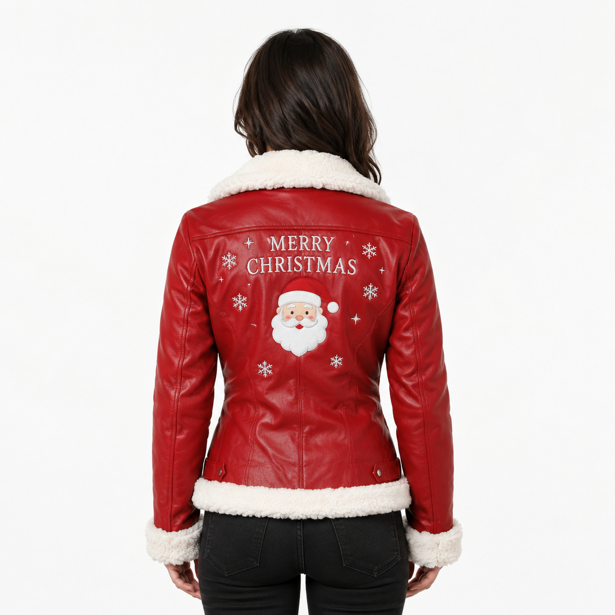 Santa Claus patch on chest of women's red Christmas biker leather jacket