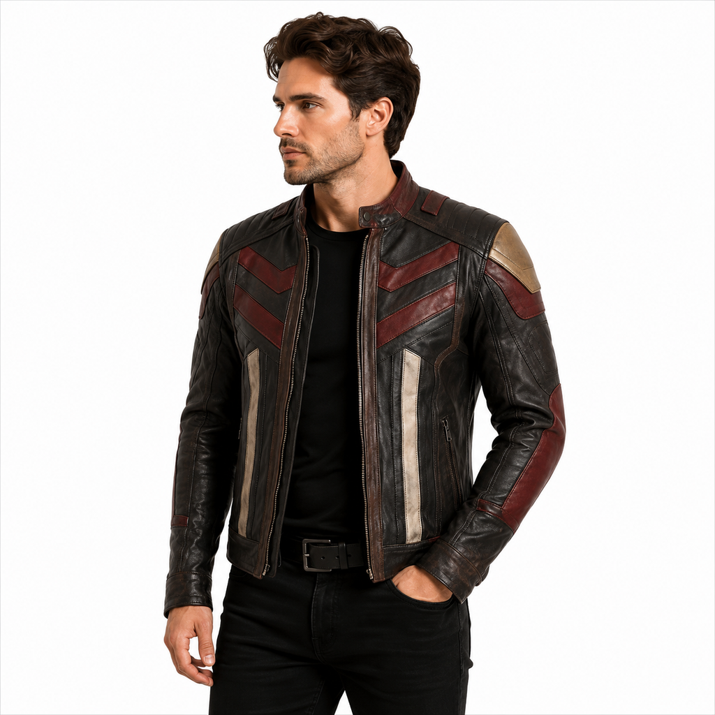 Men's Hero Style Panel Leather Jacket Streetwear Outfit