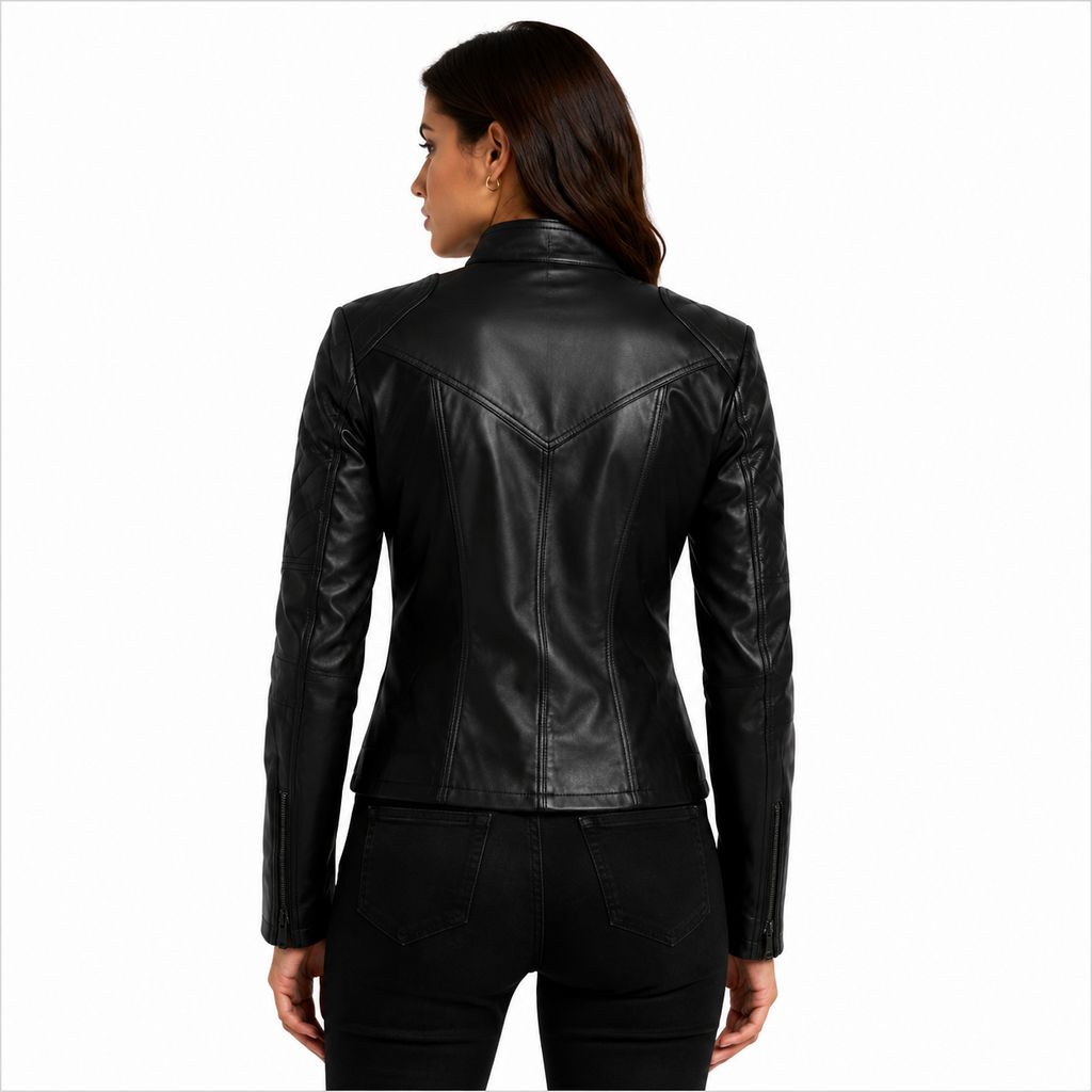 Women's Soft-Studded Black Leather Biker Jacket