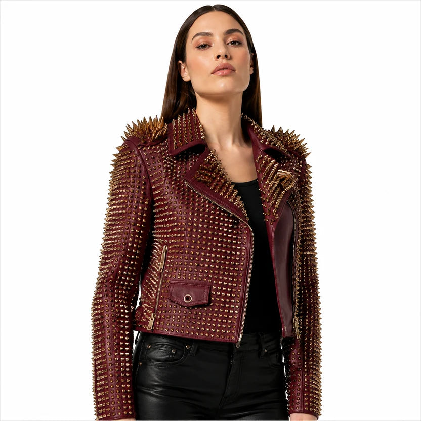 women's burgundy studded leather moto jacket