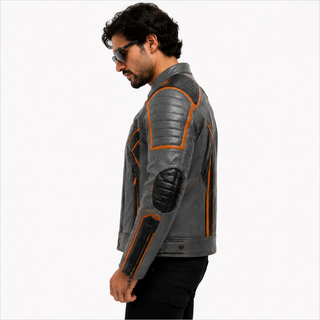 Men's Distressed Grey Cafe Racer Leather Biker Jacket