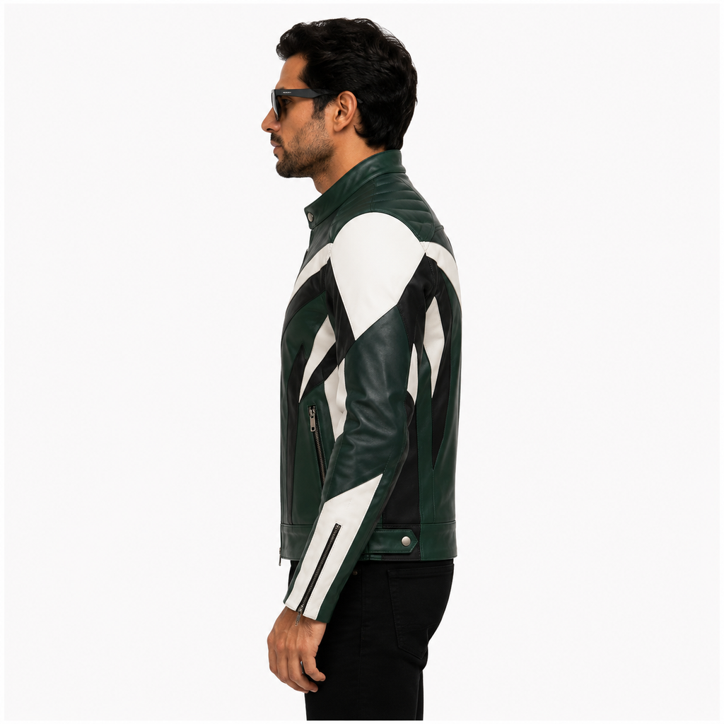 Men's Green, Black & White Racer Leather Jacket
