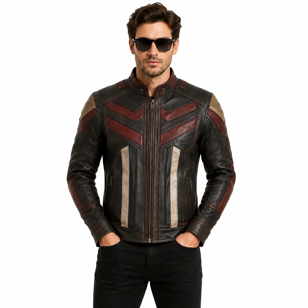 Genuine Leather Biker Jacket Panel and Zip Detail