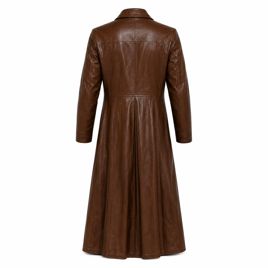Full-Length Double-Breasted Leather Duster Trench Coat