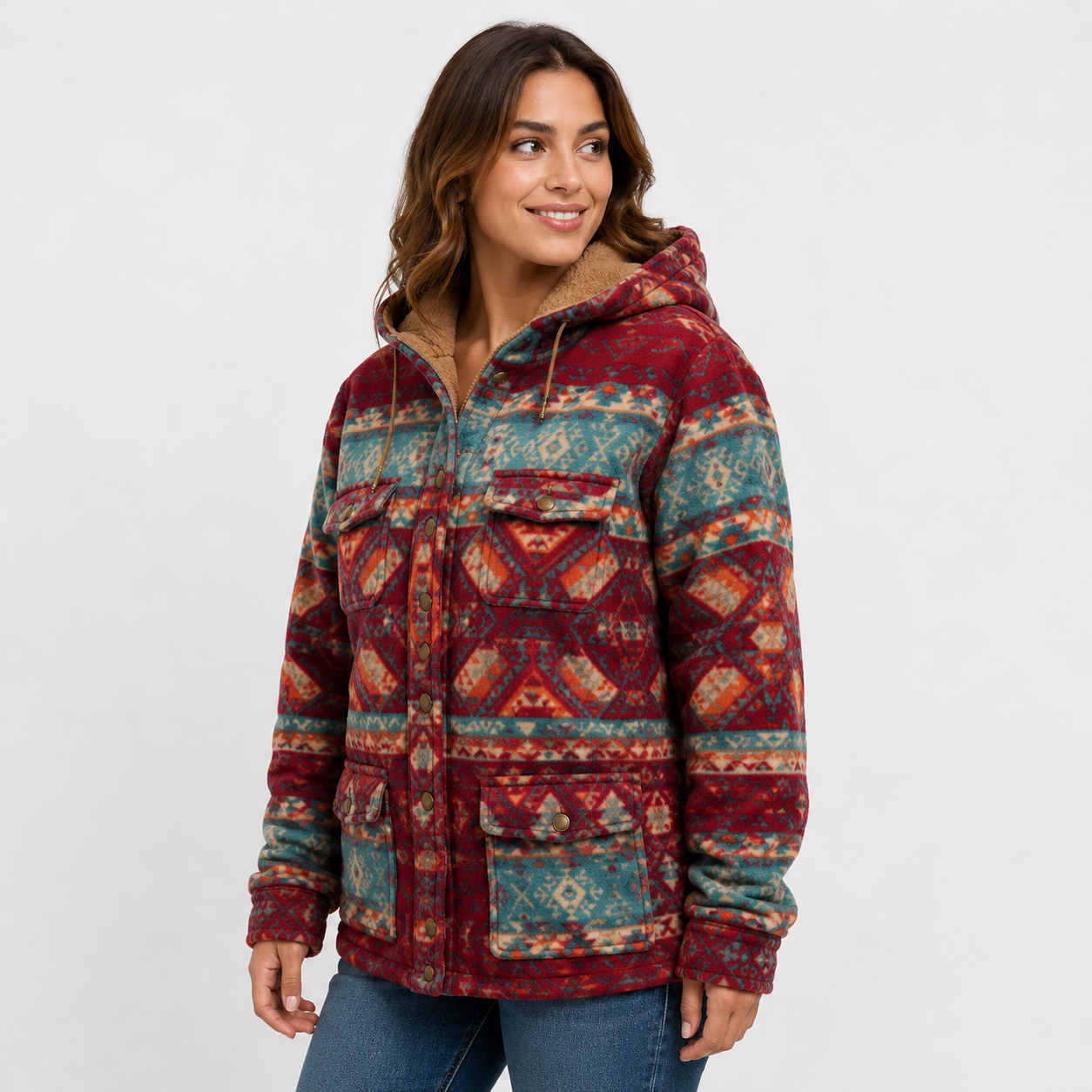 Women's Burgundy Aztec Button Down Sherpa 