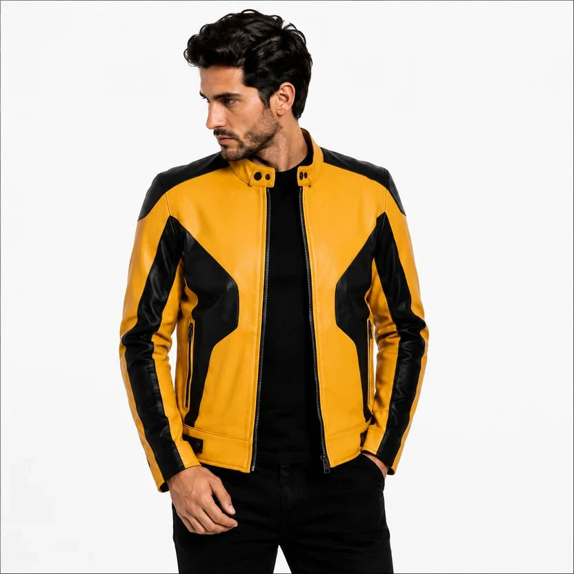 Men's White and Black Genuine Leather Biker Jacket