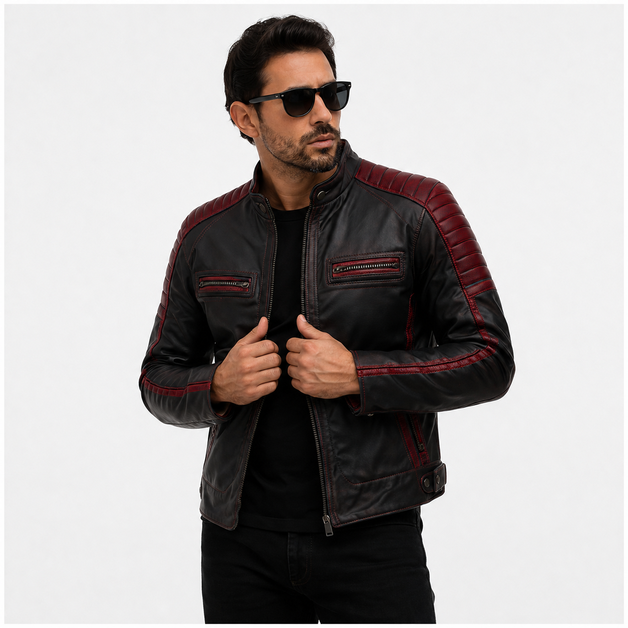 Men's Black & Maroon Racer Leather Biker Jacket