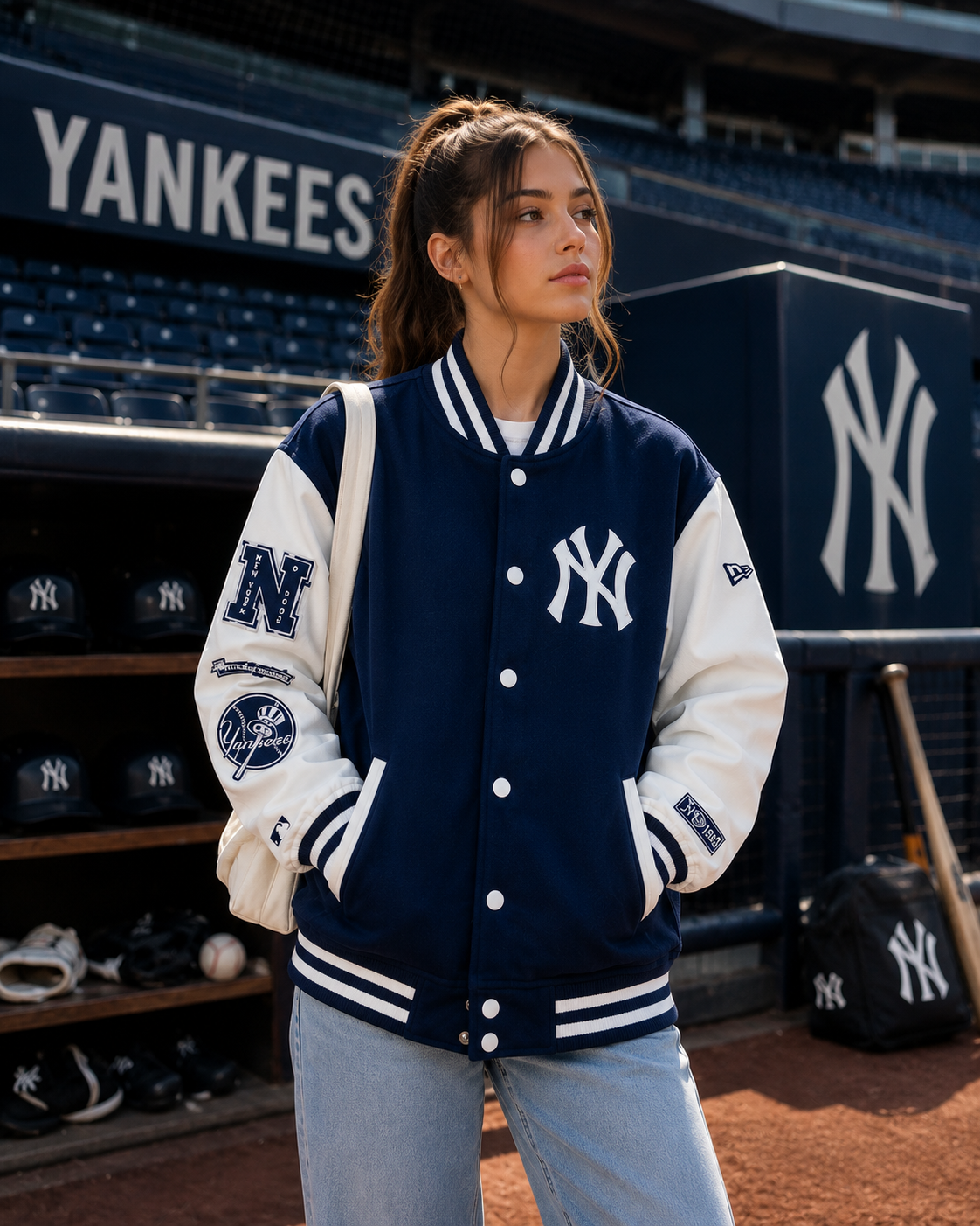 Navy Blue and White New York Yankees Varsity Jacket with NY Logo and Snap Buttons