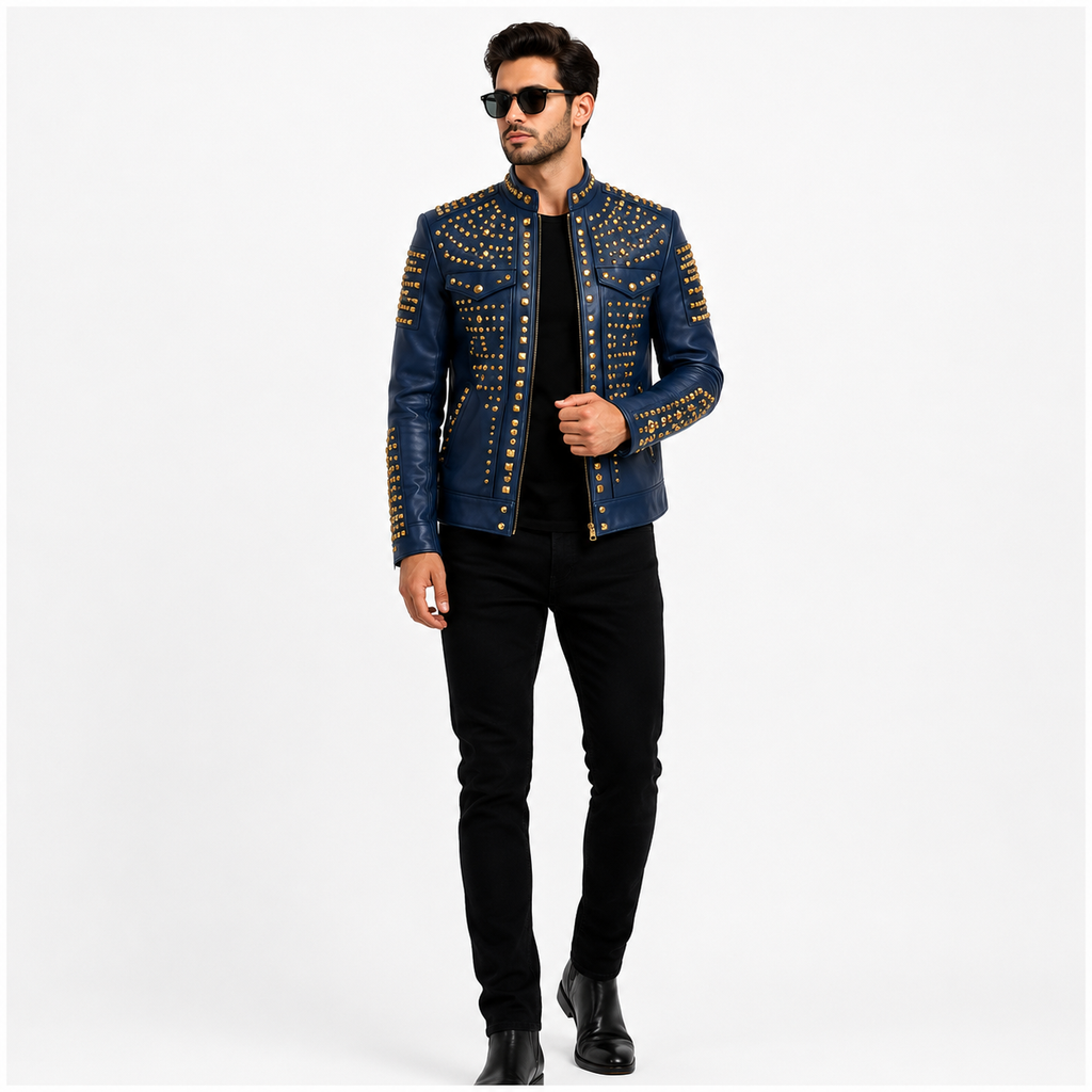 Men's Royal Blue Studded Leather Jacket