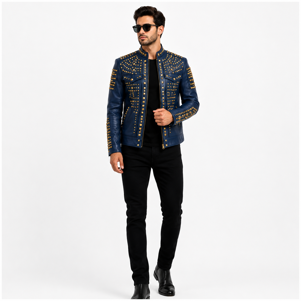 Men's Royal Blue Studded Leather Jacket