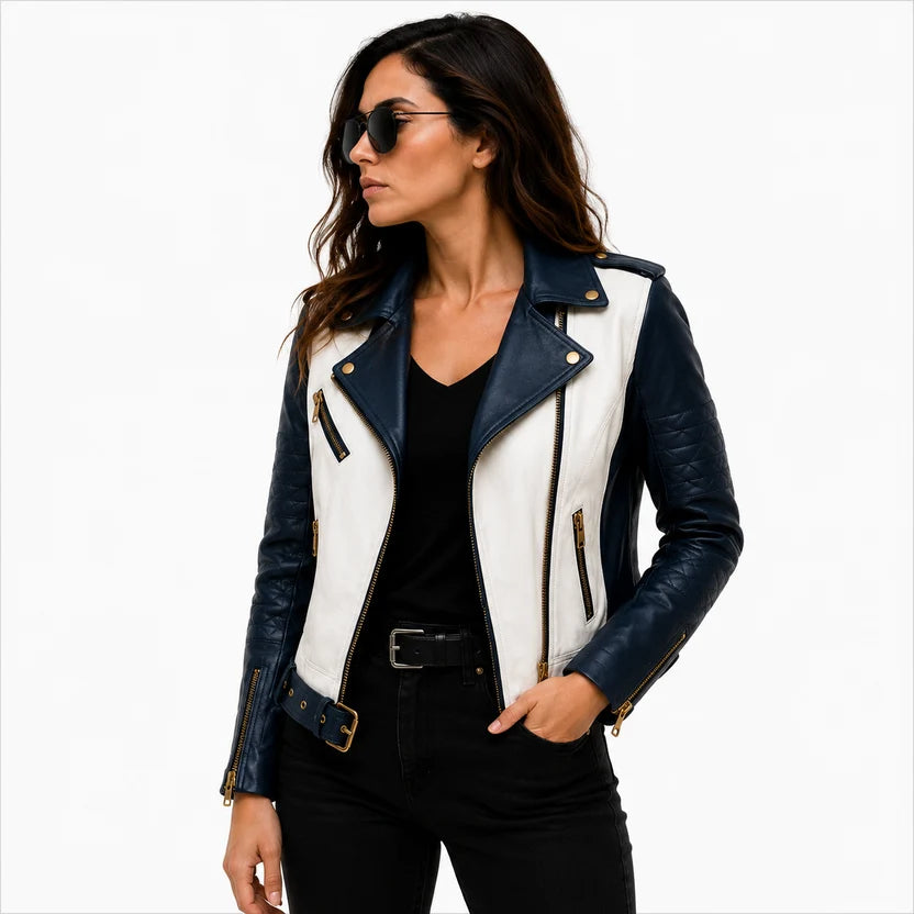 Women's white navy blue leather jacket