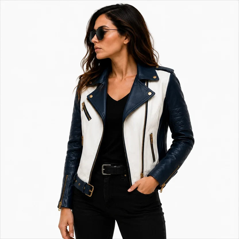 Women's Black & White Genuine Leather Moto Jacket