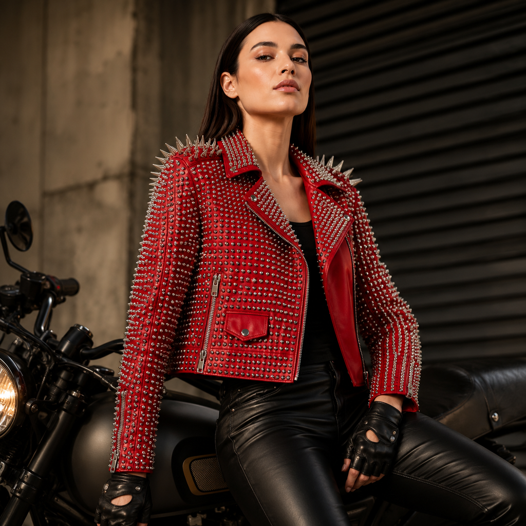 Red Spiked Punk Rock Leather Jacket