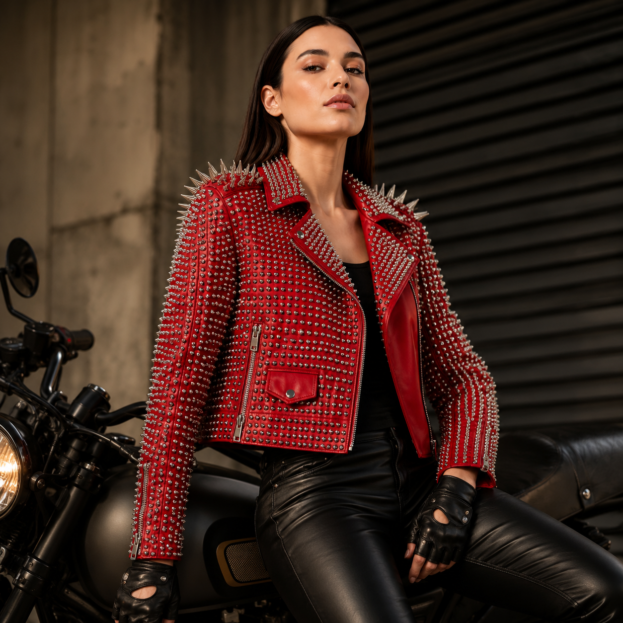 Red Spiked Punk Rock Leather Jacket