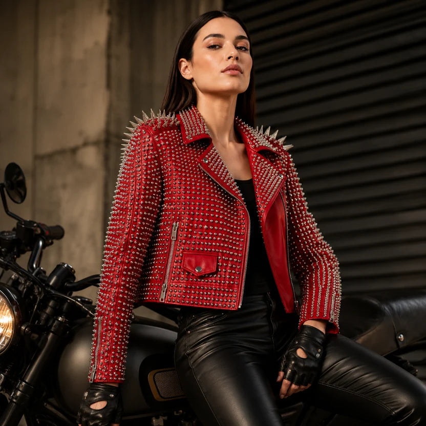 Women's Red Studded Biker Leather Jacket