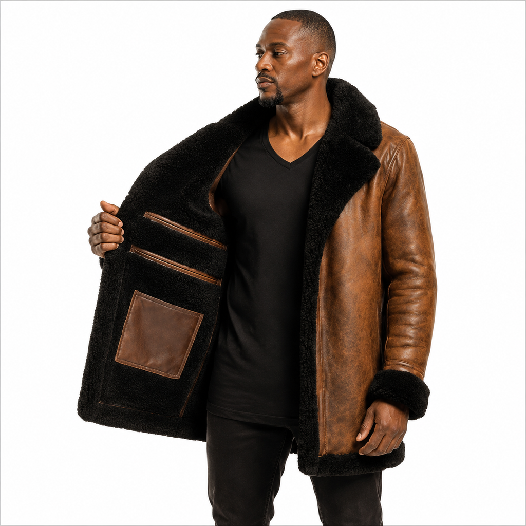 Genuine Leather Shearling Coat Fur Collar Detail