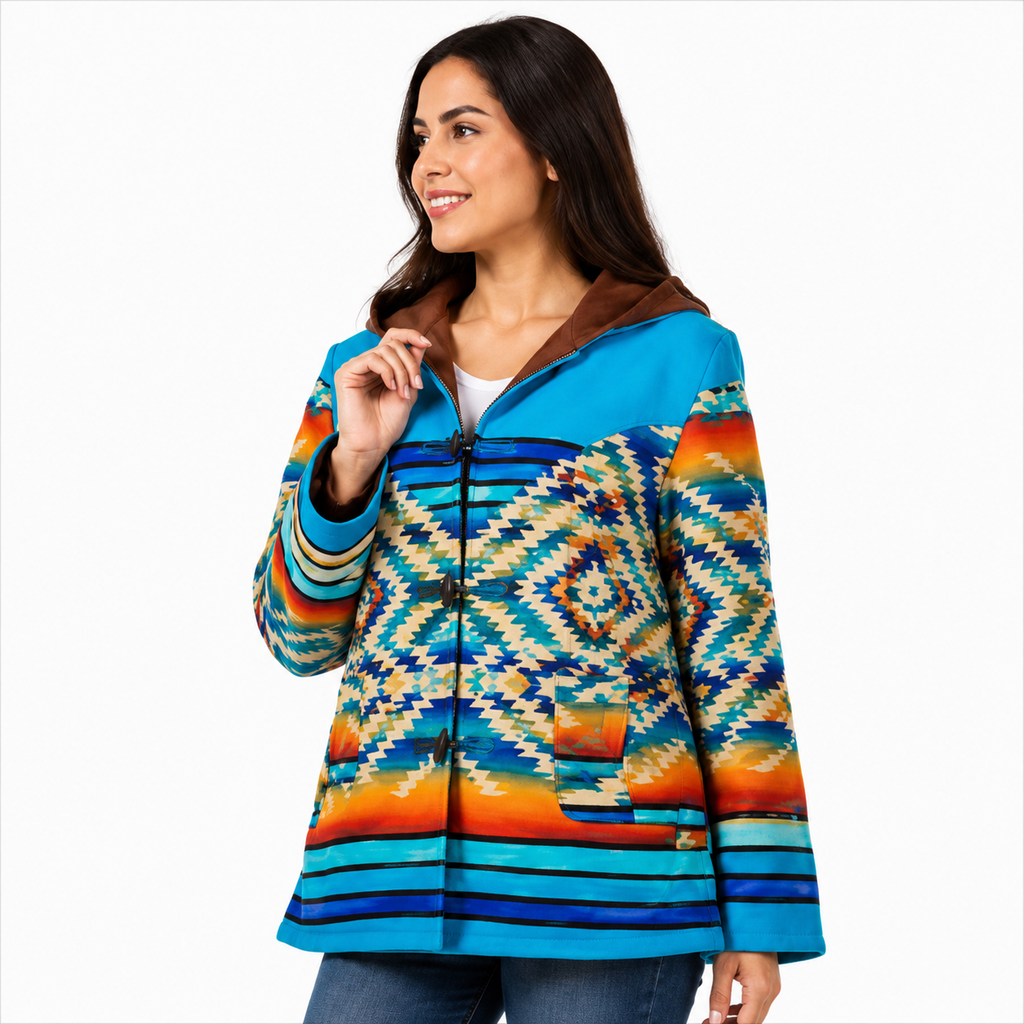 Women's Blue Orange Aztec Jacket Festival Spring Outfit