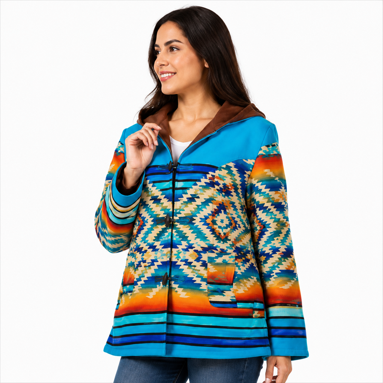 Women's Blue Orange Aztec Jacket Festival Spring Outfit