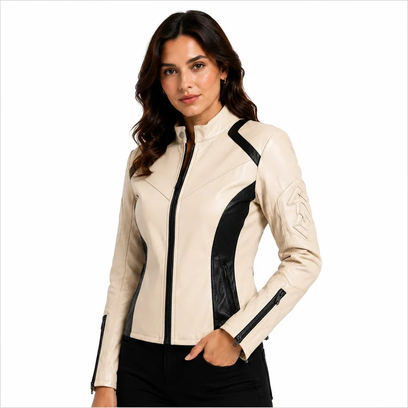 women's cream black panel leather moto jacket