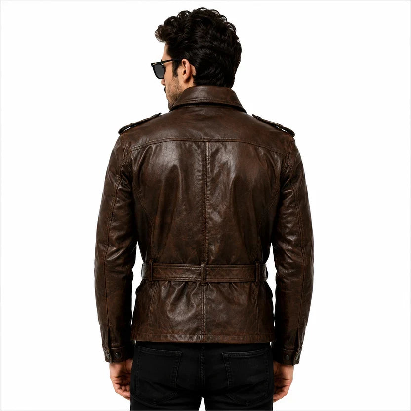 Men's Black Leather Military Field Jacket