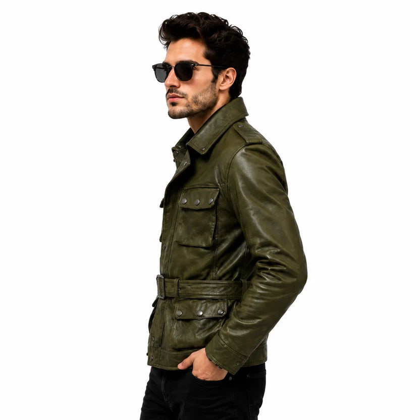 Men's Olive Green Leather Field Biker Jacket Military Streetwear Outfit