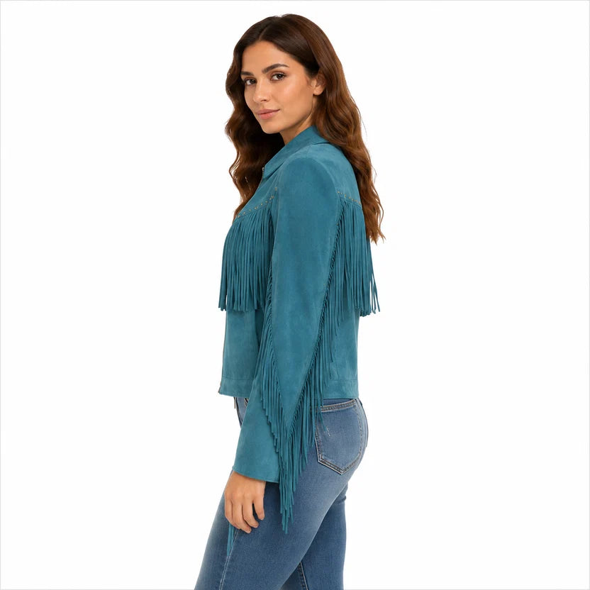 Women's Teal Suede Fringe Western Jacket