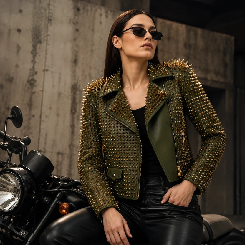 Women's Olive Green Studded Biker Leather Jacket