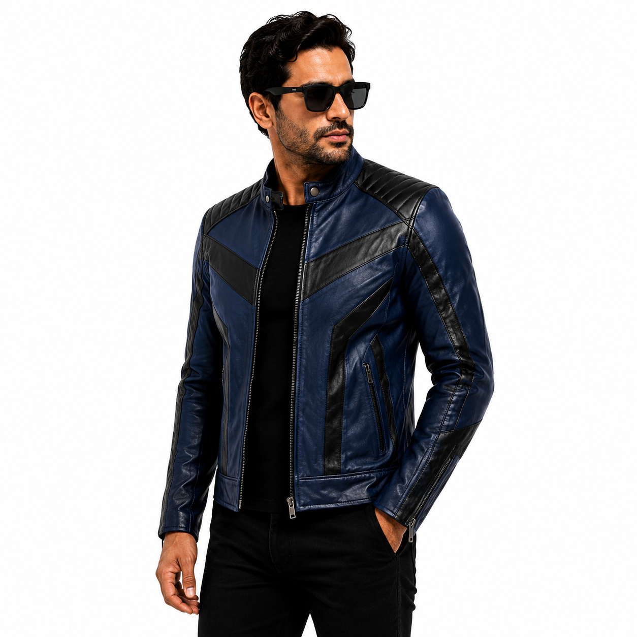 Men's Navy Blue & Black Racer Leather Jacket