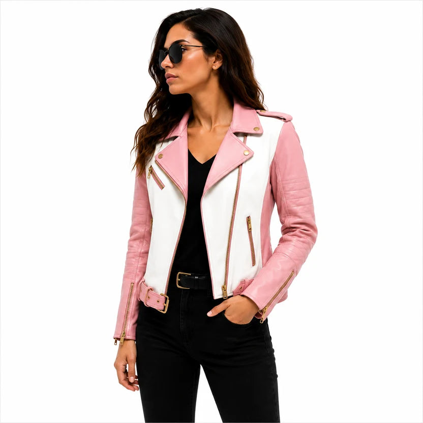 women's white bicolor moto jacket