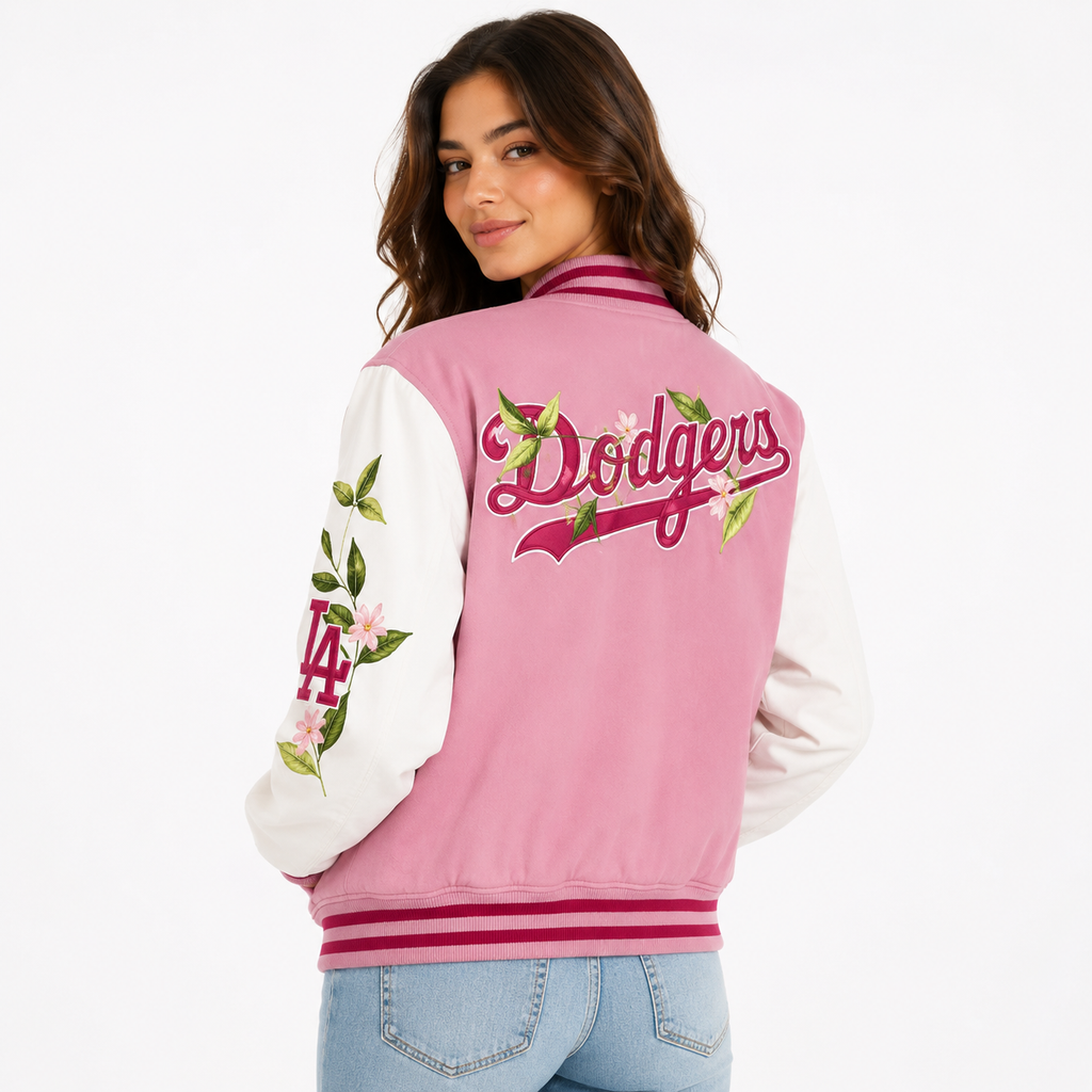 Pink Los Angeles LA Varsity Jacket for Women with Floral Sleeves