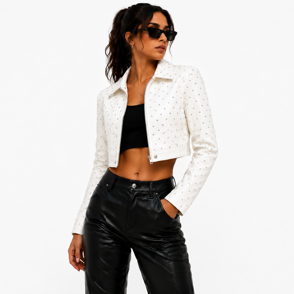 Women's Cropped Studded White Leather Jacket